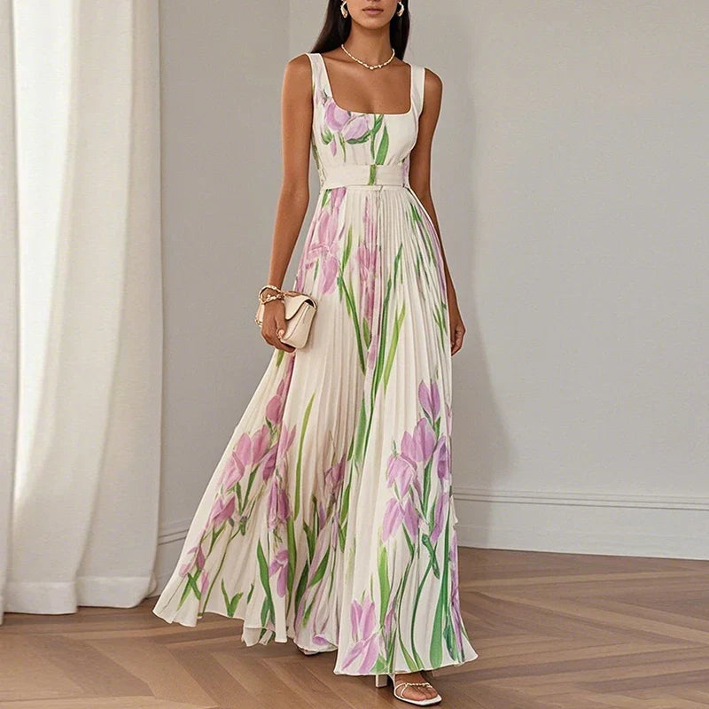 CLAIRE LYON | ROBE MAXI PLISSÉE À IMPRIMÉ FLORALE ÉLÉGANT POUR FEMMES