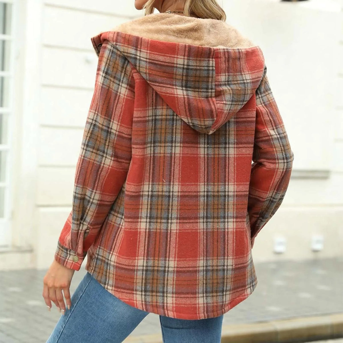 Veste femme à carreaux doublée polaire – manteau chaud à capuche hiver