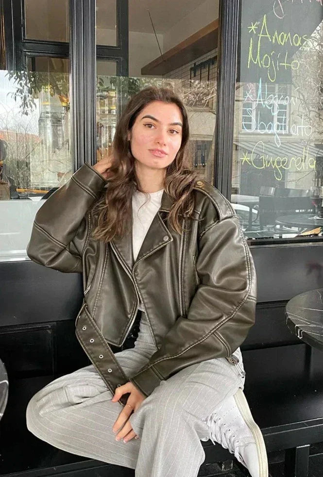 Veste Biker Oversize Femme Effet Cuir PU Avec Ceinture Style Urbain Moderne