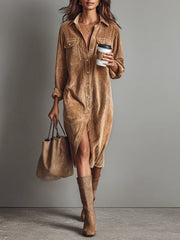 Robe midi femme en velours côtelé – Style rétro chic, automne hiver