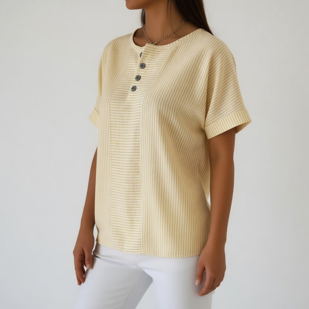 Chemisier Femme Lin Rayé Manches Courtes Col Rond Boutonné Hiver