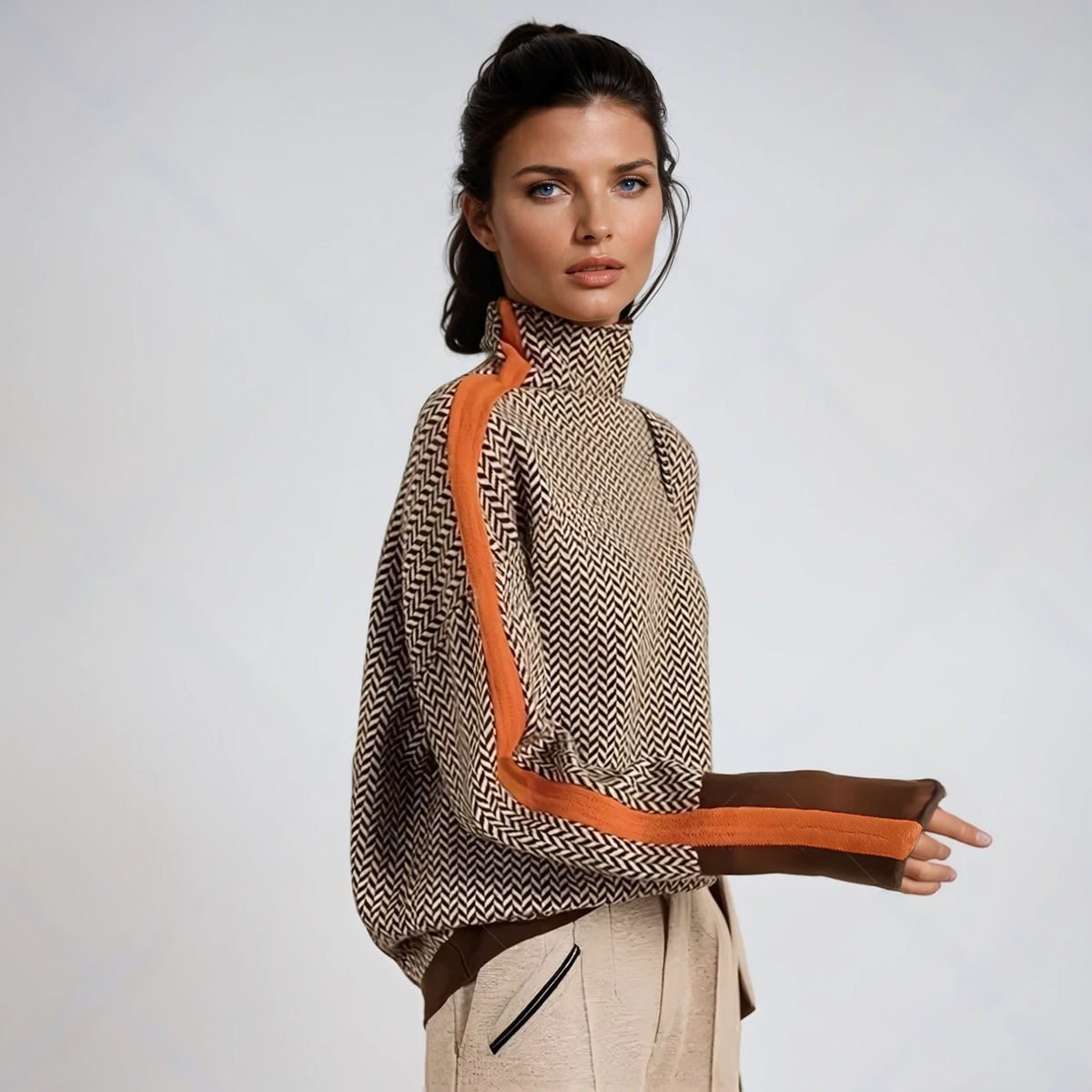 Pull rayé à col montant pour femme chaud et moderne