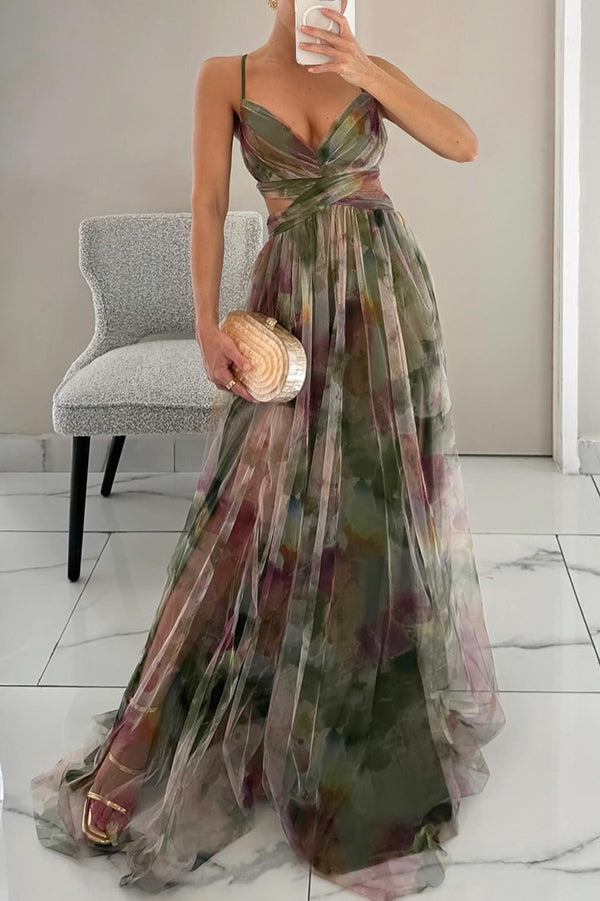 Robe Longue Décolleté V et Jupe Fluide – Motif Multicolore Abstrait