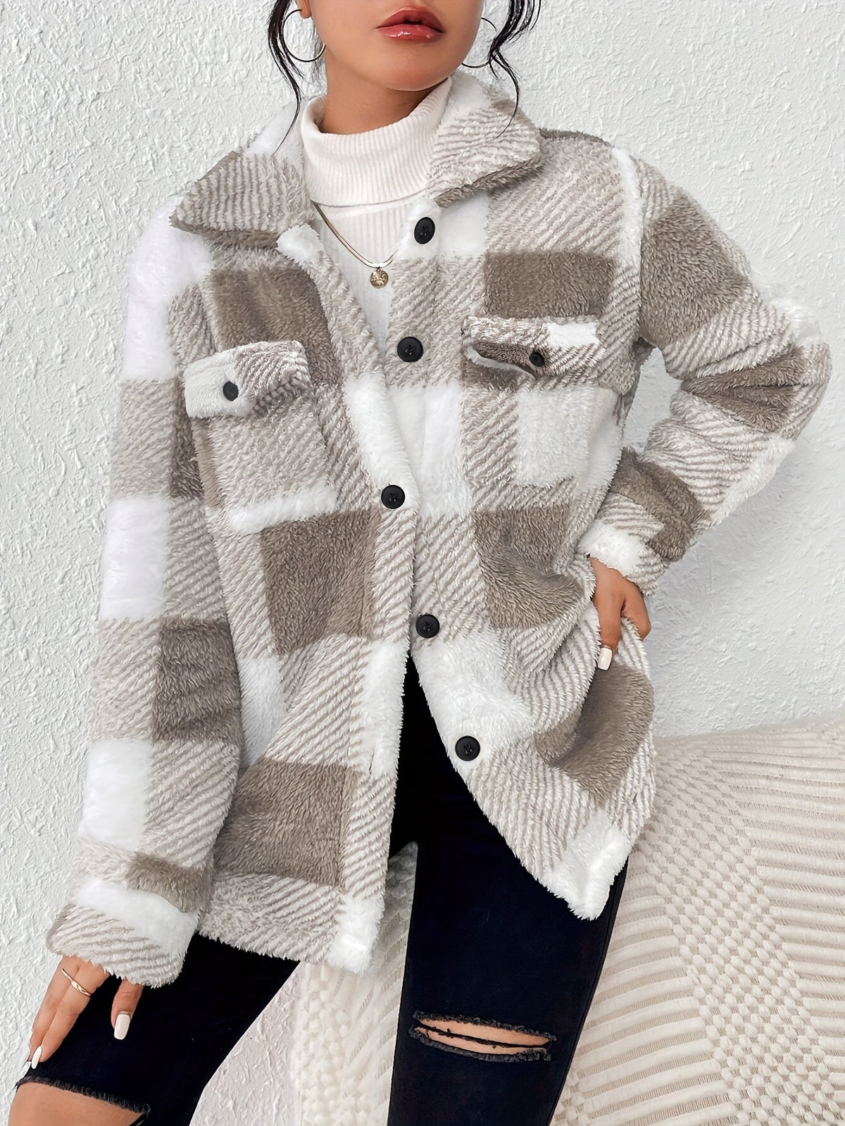 Veste d’hiver en peluche à carreaux – Chaude et confortable