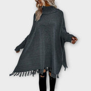 Poncho Pull Oversized avec Col Montant et Franges