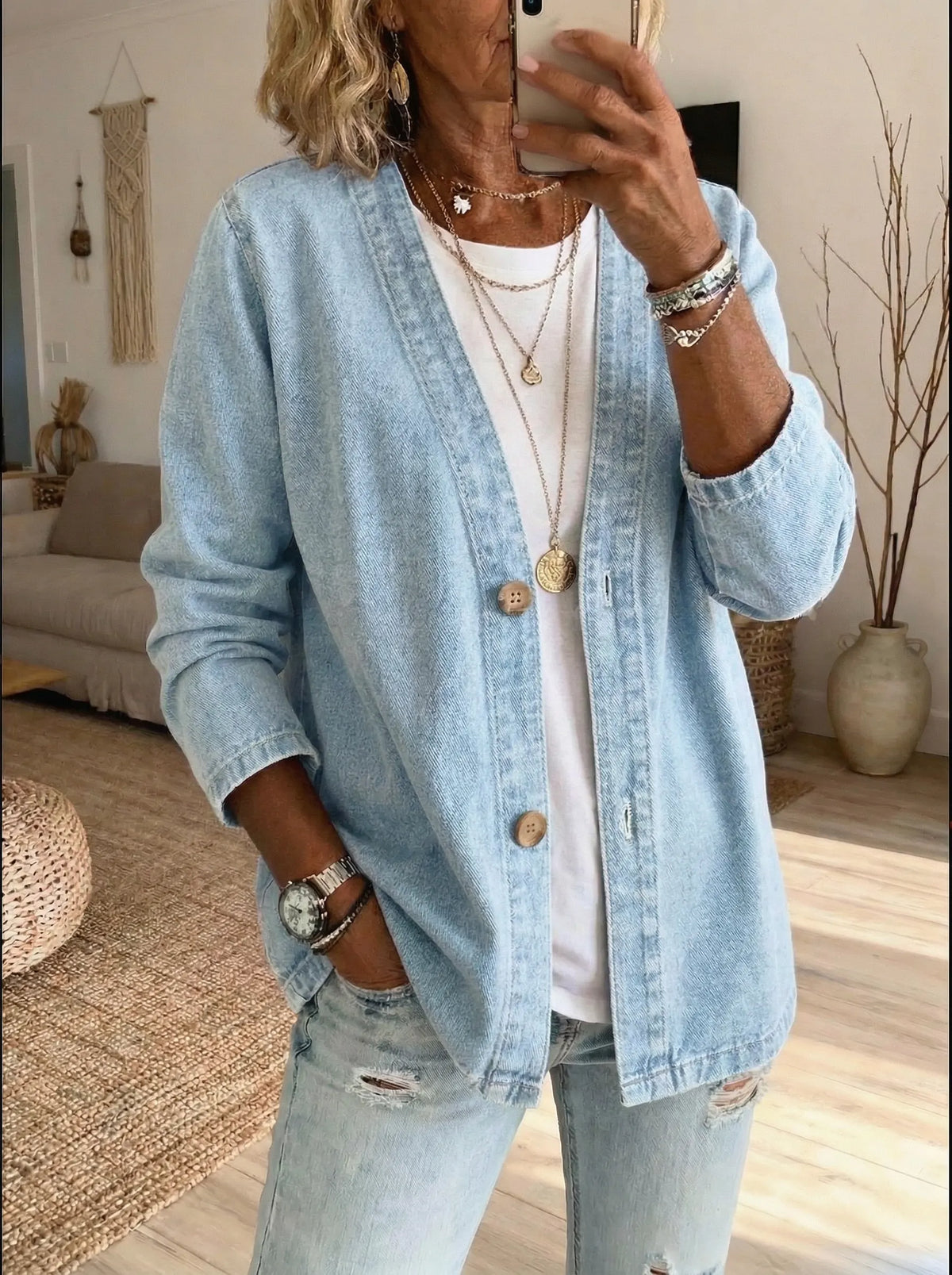 Veste Cardigan Femme Denim Décontracté Boutonné Style Moderne