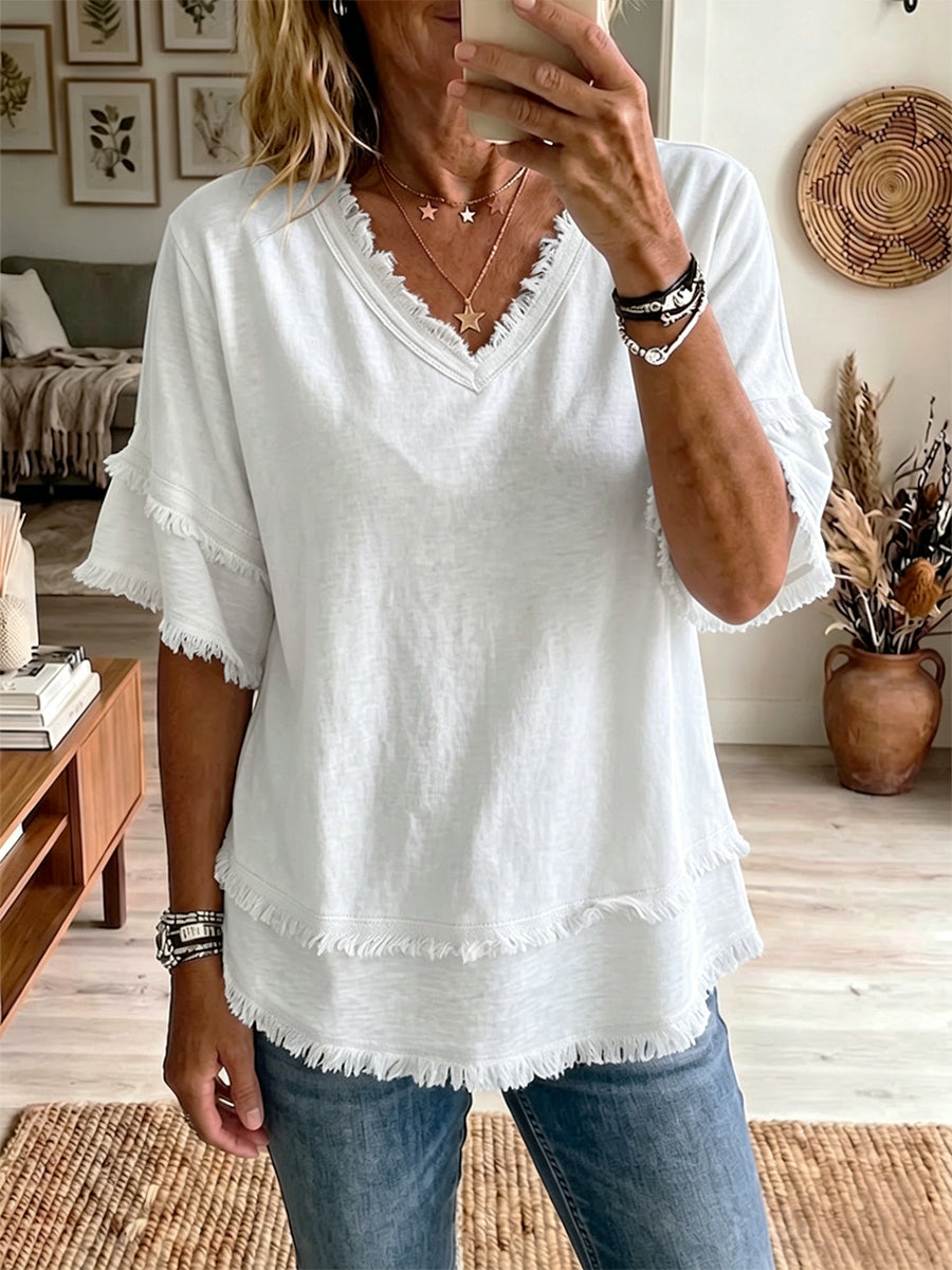 Haut Femme Lin Col V Coupe Décontractée Élégante Hiver