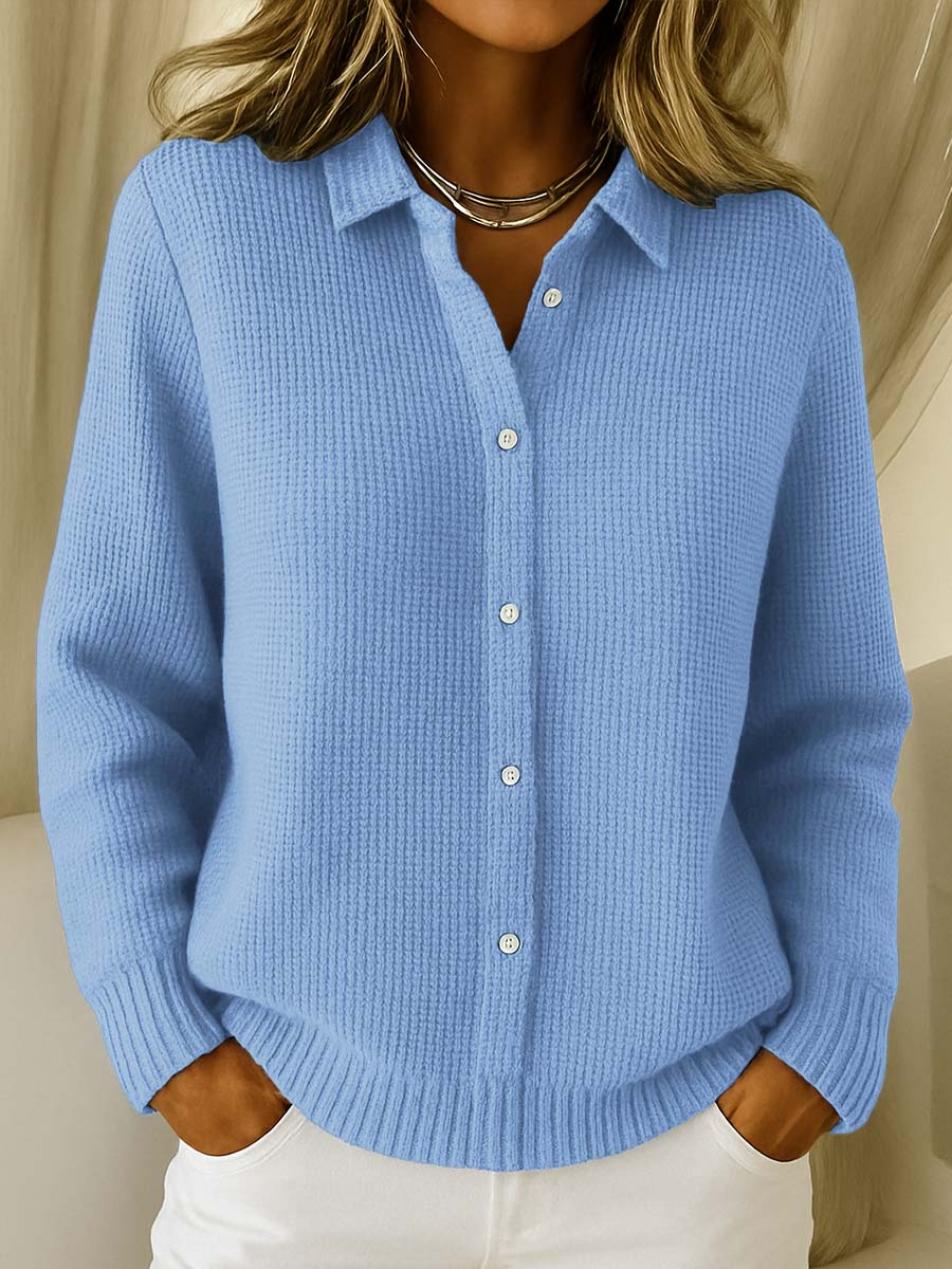 Cardigan femme ajusté à col chemise – coton extensible, style chic et confort mi-saison