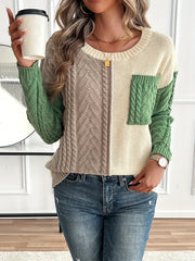 Pull patchwork à maille torsadée pour femme chic et confortable