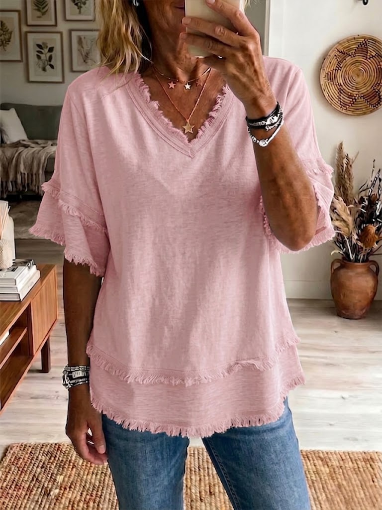 Haut Femme Lin Col V Coupe Décontractée Élégante Hiver