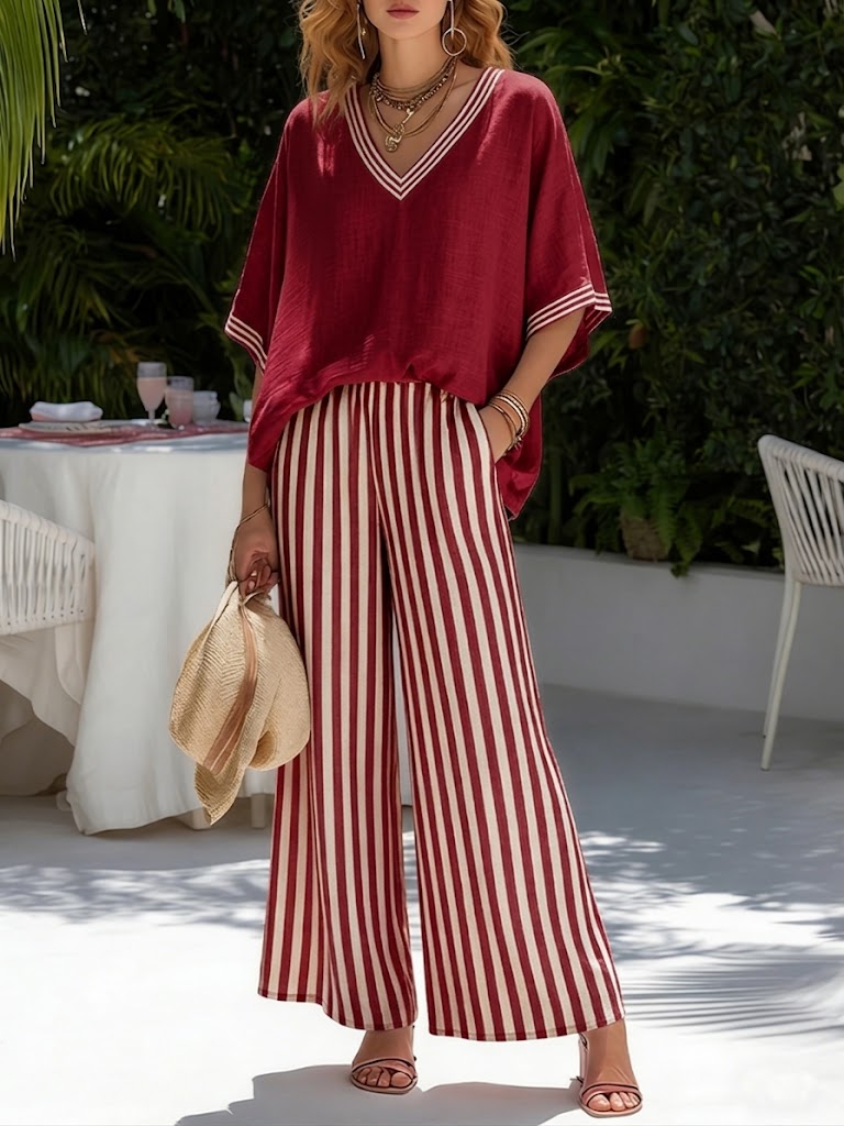 CLAIRE LYON | ENSEMBLE DE DEUX PIÈCES AVEC HAUT À COL EN V ET PANTALON LARGE POUR FEMMES