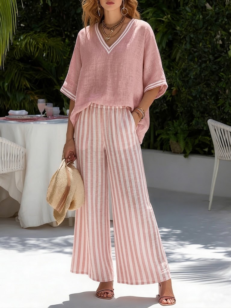 CLAIRE LYON | ENSEMBLE DE DEUX PIÈCES AVEC HAUT À COL EN V ET PANTALON LARGE POUR FEMMES