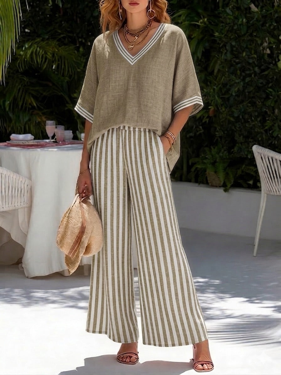 CLAIRE LYON | ENSEMBLE DE DEUX PIÈCES AVEC HAUT À COL EN V ET PANTALON LARGE POUR FEMMES