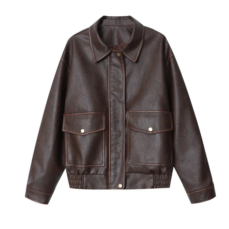 Veste effet cuir femme style vintage – coupe droite décontractée mi-saison