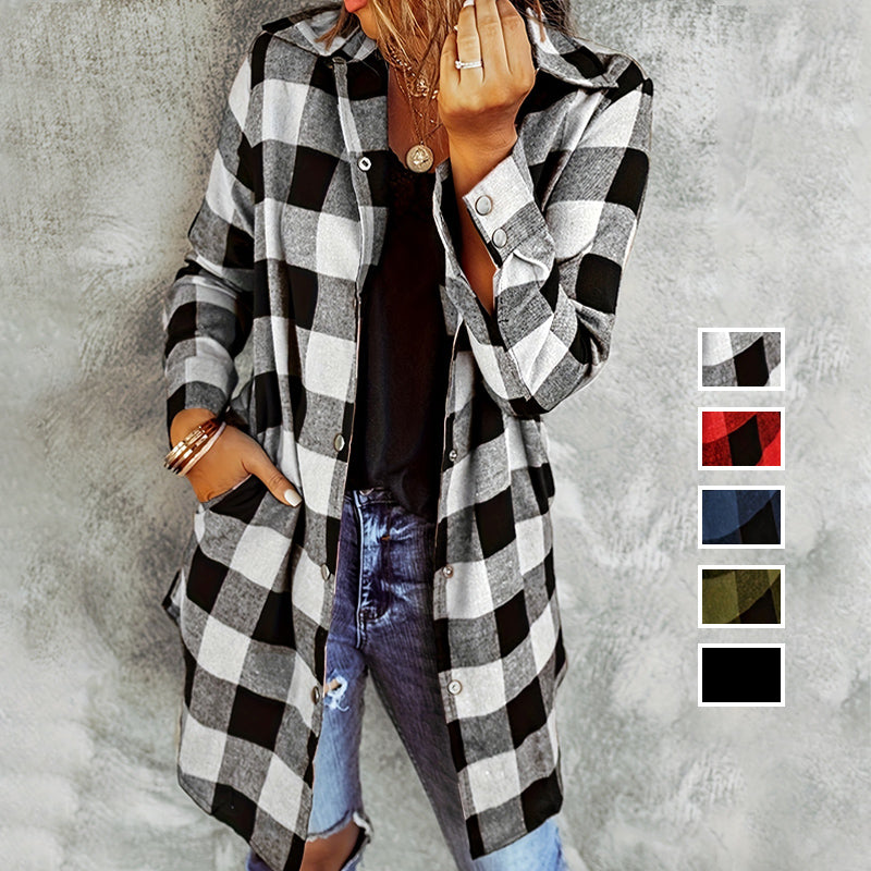 Veste chemise femme à carreaux longue – surchemise casual coton automne