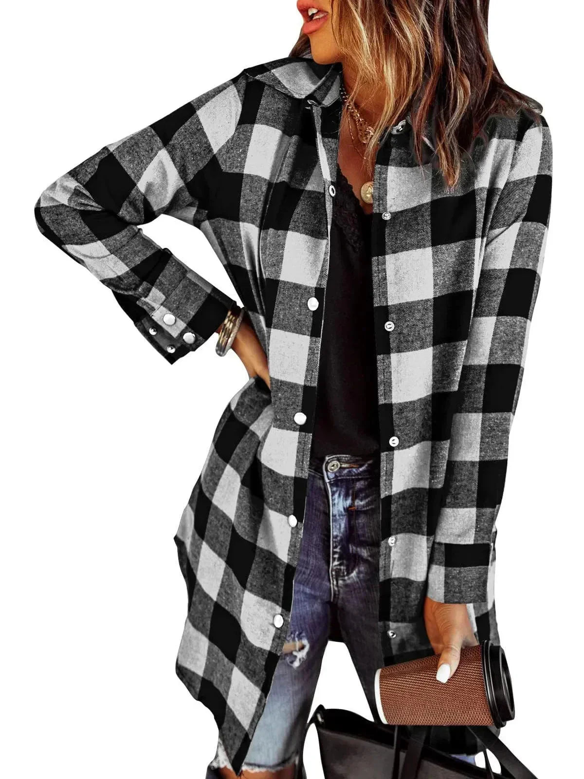 Veste chemise femme à carreaux longue – surchemise casual coton automne