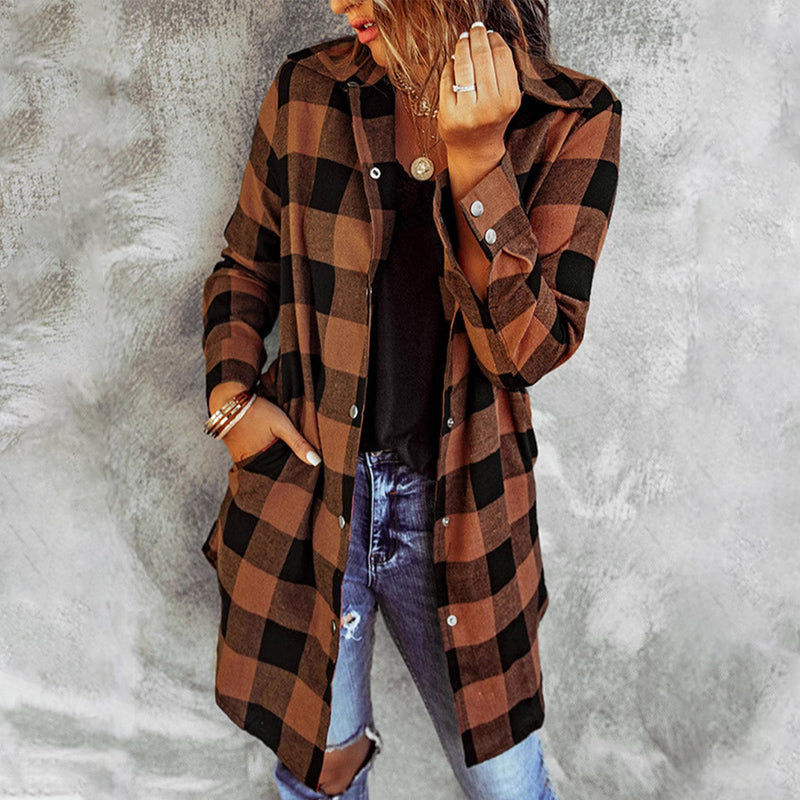 Veste chemise femme à carreaux longue – surchemise casual coton automne