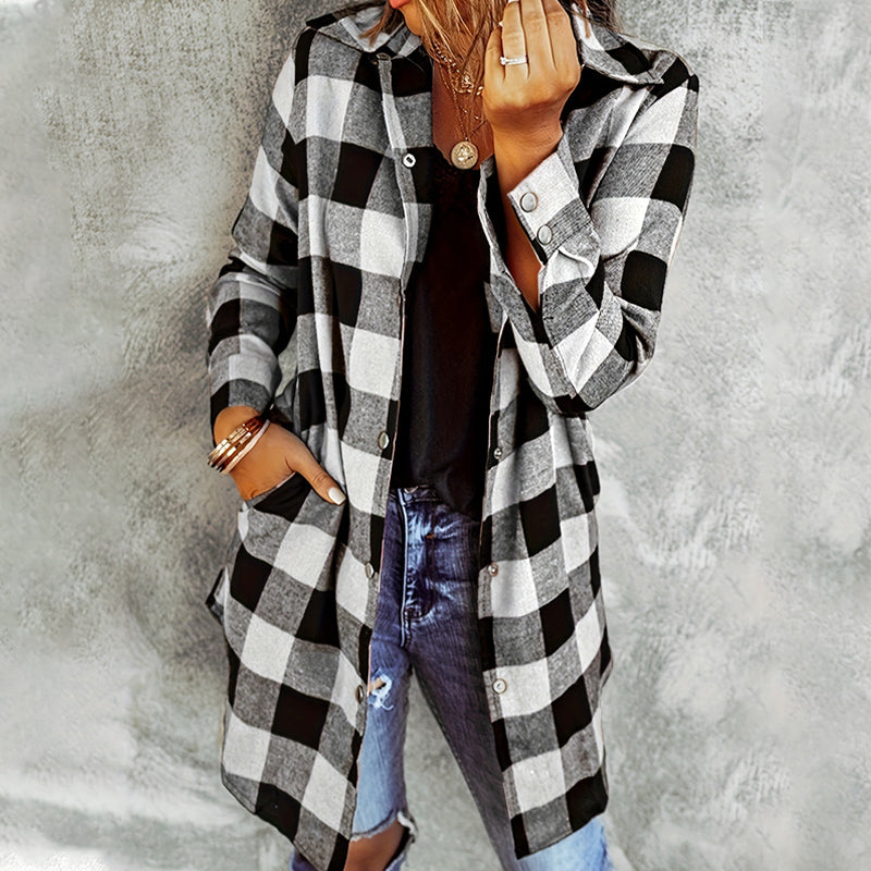 Veste chemise femme à carreaux longue – surchemise casual coton automne