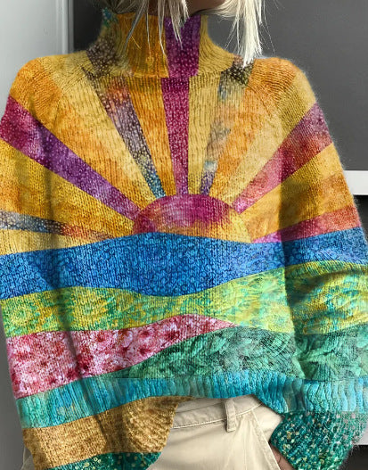 Pull col roulé en tricot épais pour femme chaud et coloré